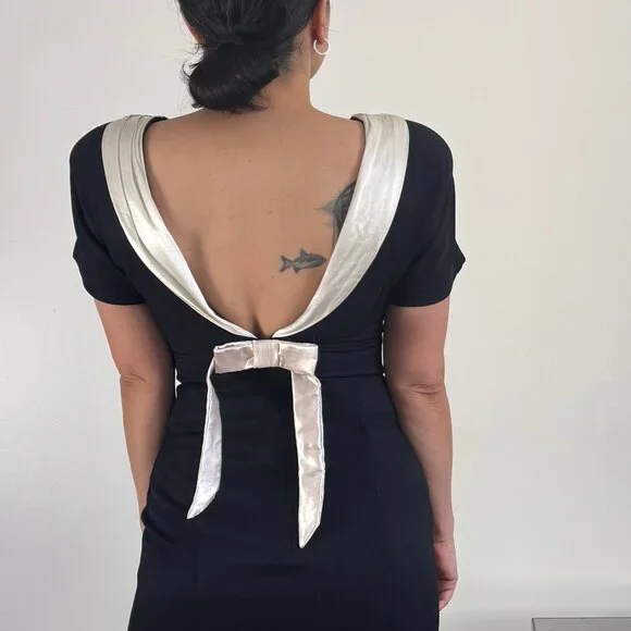 Vintage Black Back Bow Midi Cocktail Dress - Size XS/S - Picture 9 of 11